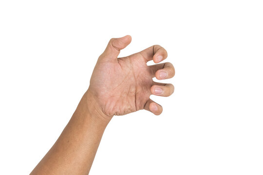 male hand showing empty open palm hand grabbing or holding something isolated on white background. use for placing a product. transparent png