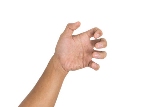 male hand showing empty open palm hand grabbing or holding something isolated on white background. use for placing a product. transparent png