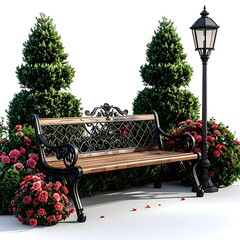 Beautiful wrought iron garden bench surrounded by blooming roses high resolution image