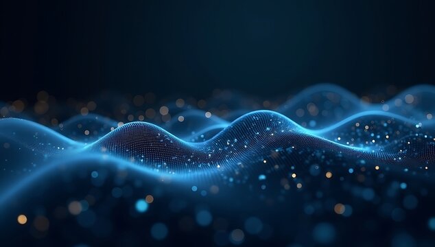 A soft wave of connected digital circuits made with thin blue lines and shimmering data points, forming a smooth tech flow pattern on a modern dark backdrop.