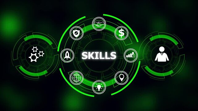Digital skills concept with icons representing business growth teamwork innovation. Digital skills accelerate business growth. Technology-driven learning strengthens professional success.