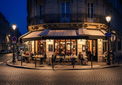 A street corner café at night