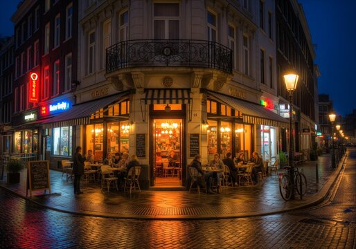 A street corner café at night