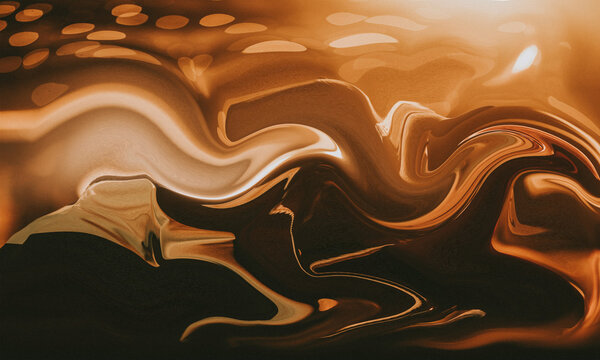 Abstract flowing liquid gold and amber colors with bokeh lights