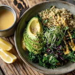 Vibrant healthy quinoa avocado kale bowl with creamy dressing and fresh lemon wedges on wood