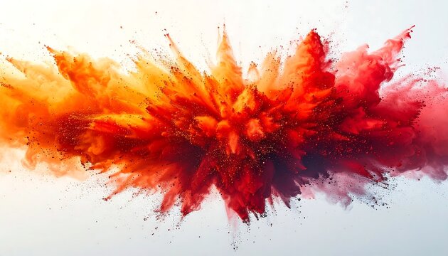 A vibrant burst of colored powder, transitioning from fiery red to sunny yellow, against a pristine white backdrop. The explosion expands outward