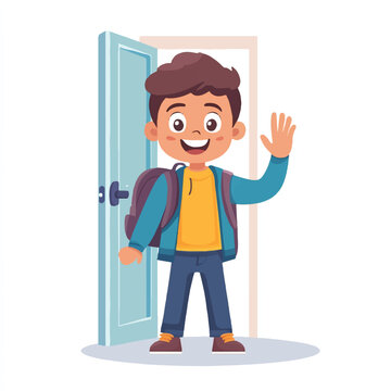  Happy schoolboy waving goodbye with backpack