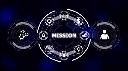 Mission defines a clear business direction. Technology-driven strategy accelerates global success.Futuristic circular interface displaying mission objectives and business icons including gears.