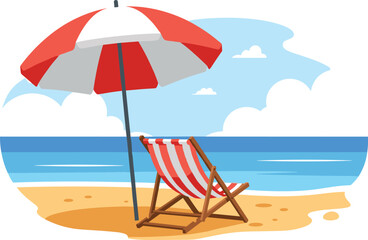 Beach scene with red striped umbrella and chair facing calm ocean under blue sky with clouds, perfect for summer relaxation