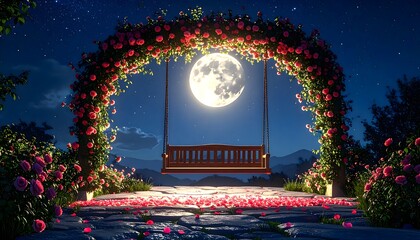 Beautiful wooden swing under floral arch glowing with moonlight high resolution image