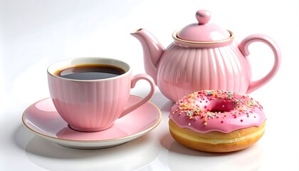 Charming pastel pink tea set and colorful donut high resolution photo