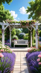 Charming floral pergola with roses and lavender walkway high resolution image