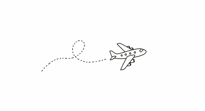 Minimalist line art illustration of a flying airplane with a looping trajectory. An isolated vector icon symbolizing a whimsical air travel journey or vacation