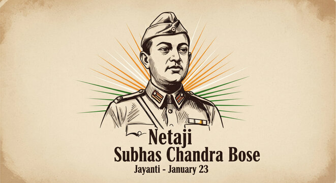 Illustration of Netaji Subhas Chandra Bose on a textured background with Indian flag colors Indian freedom fighter