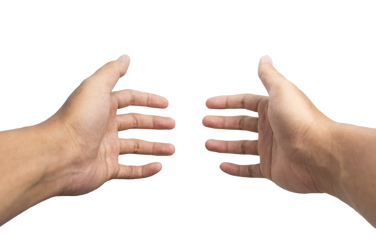 first person perspective of man hand reaching out something or hug isolated on white background. transparent png