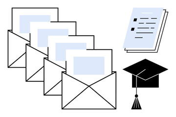 Set of opened envelopes containing documents, stack of papers, and a graduation cap. Ideal for education, achievement, scholarship application, communication, document sharing, message delivery