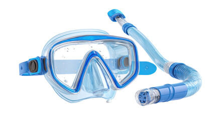 A snorkeling mask and breathing tube set arranged neatly to highlight aquatic adventure gear on white background