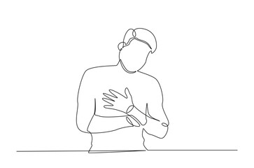 Man feel chest discomfort in continuous one line drawing. Single line art illustration of man having a heart attack. Editable vector.