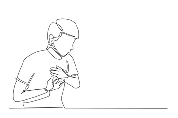 Man feel chest discomfort in continuous one line drawing. Single line art illustration of man having a heart attack. Editable vector.