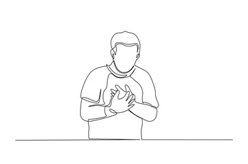 Man feel chest discomfort in continuous one line drawing. Single line art illustration of man having a heart attack. Editable vector.
