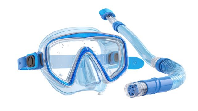 A snorkeling mask and breathing tube set arranged neatly to highlight aquatic adventure gear on white background
