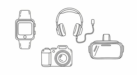 A collection of modern electronic gadget icons, featuring a smartwatch, headphones, digital camera, and a virtual reality headset depicted in a clean line art style