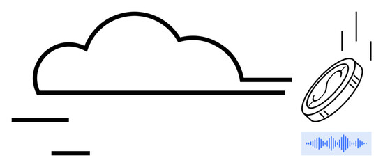Floating cloud, digital coin in motion, and soundwave icon represent data exchange, online storage, and digital currency. Ideal for cloud computing, cryptocurrency, finance, technology innovation