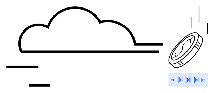 Floating cloud, digital coin in motion, and soundwave icon represent data exchange, online storage, and digital currency. Ideal for cloud computing, cryptocurrency, finance, technology innovation