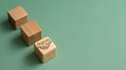 Fototapeta premium Handshake Icon on Wooden Cubes Symbol of Agreement, Partnership, and Collaboration
