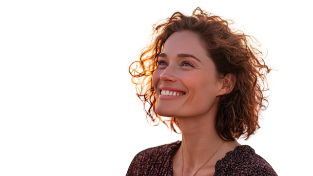 A smiling woman watching the warm evening sun while standing peacefully and enjoying the gentle light on white background