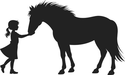 Girl holding horse muzzle silhouette, tender friendship moment, child and pony connection, farm animal love, equestrian bond vector illustration for SEO.