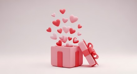 A delightful 3D illustration of an open pink gift box releasing a stream of floating hearts, symbolizing love, romance, and joyful celebration