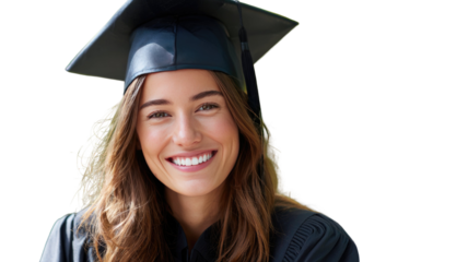 A smiling graduate woman celebrating her academic success while holding her cap proudly and standing confidently on white background