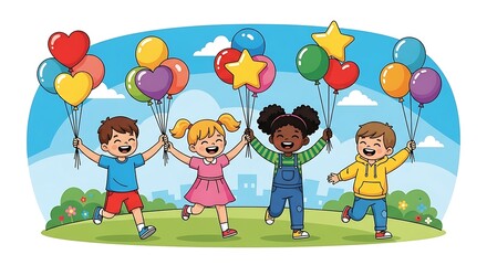 Joyful children holding colorful balloons on green field against blue sky
