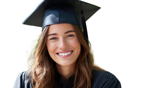 A smiling graduate woman celebrating her academic success while holding her cap proudly and standing confidently on white background - Powered by Adobe
