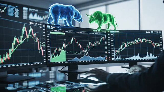 Stock Market Trader Analyzes Bull and Bear Trends on Multiple Monitors.