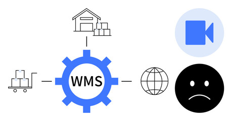 Gear labeled WMS connected to warehouse, cart, globe, video, and sad face, symbolizing logistics, inventory, global supply connectivity and challenges. Ideal for logistics technology inventory