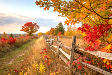 Rustic wooden fence surrounded by glowing colorful fall foliage