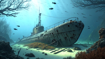 Rusting sunken submarine wreck resting in deep sea with eerie mysterious atmosphere