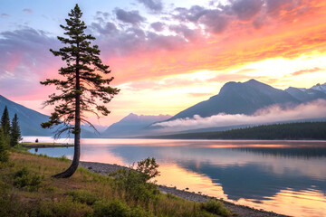 Scenic sunset over calm lake with lone pine tree and mountains in moody fog