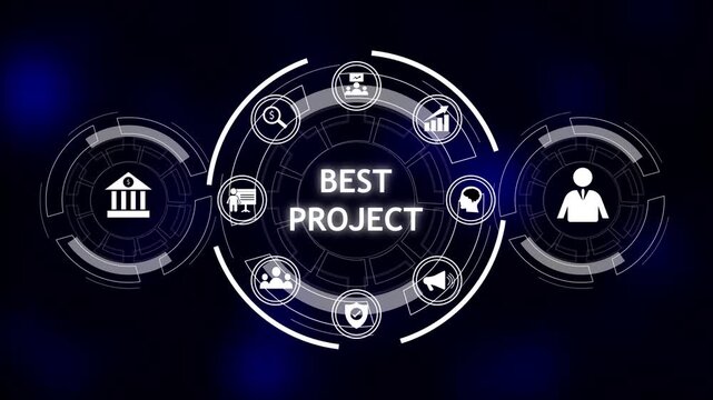 Analytics strengthen modern digital business strategy. Innovative data insights drive measurable growth.Futuristic digital interface project icons for business success and innovation.