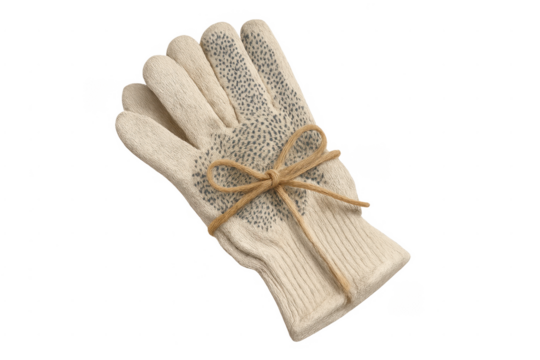 Pair of beige work gloves tied with twine