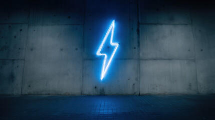 Electric Energy: A glowing neon lightning bolt, its electric blue illuminating the texture of a concrete wall, symbolizing raw energy and modern technology.