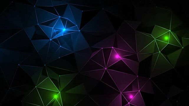 Abstract Geometric Network With Blue Green Pink Lights On Dark Background