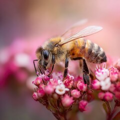 Macro shot of a fuzzy bee collecting nectar from delicate pink flowers