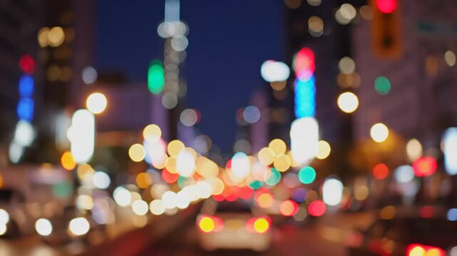 Abstract bokeh view of city lights at night, soft glowing orbs creating dreamy urban skyline effect, ideal for backgrounds, nightlife themes, or modern design projects