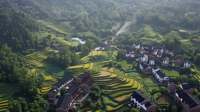 high resolution 4k drone footage Guolian village China showcasing traditional architecture green terraces misty hills local culture capturing rural beauty authenticity