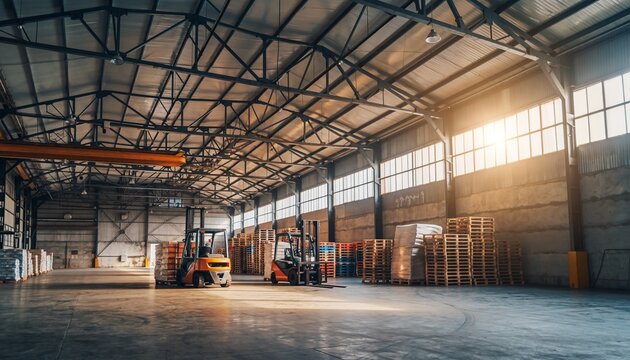 Defocused background of spacious logistics warehouse interior. Blurred Background Photo.