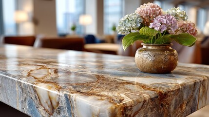 Marble countertop with floral arrangement. Bright interior design
