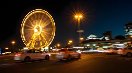 Vibrant night city scene with a glowing Ferris wheel and motion-blurred cars on a busy street
